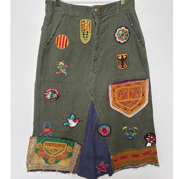 Linne by Gunda Japanese Denim Army Green Midi Skirt Embellished Mickey Women 30" - Picture 1 of 11